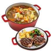 Hawsaiy 2-in-1 Cast Iron Dutch Oven Pot, Enameled Pots with Lid for Bread Baking, Cooking, Stewing, Heavy-Duty \u0026 Nonstick, Oven Safe up to 500°F, Dual Handles, Works on All Stovetops,Red